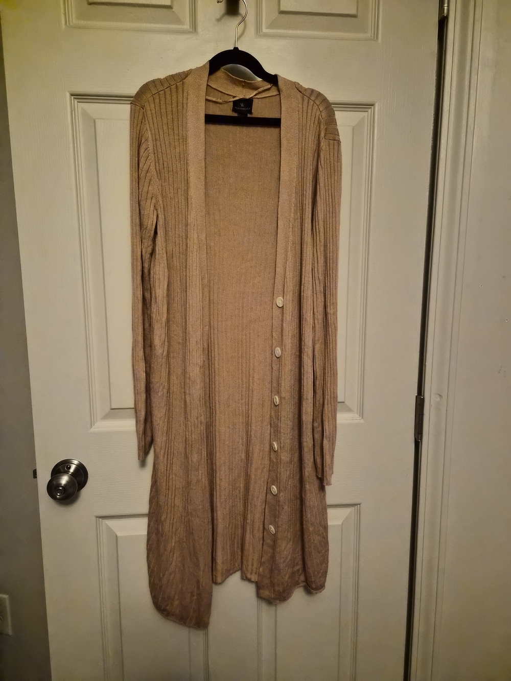 Worthington Long Taupe Ribbed Button-Front Cardigan